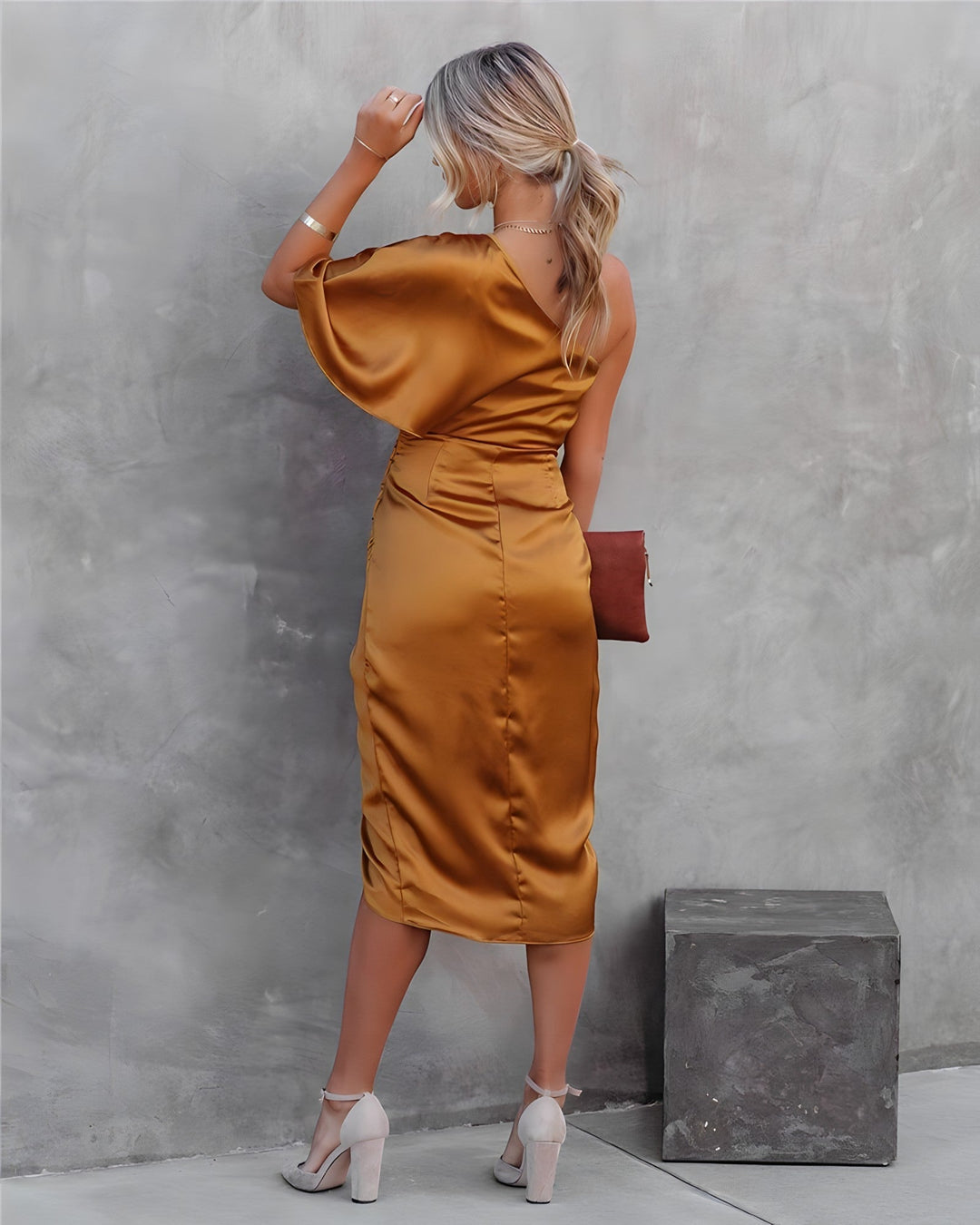 Selena | Wedding Guest Satin One Shoulder Midi Dress