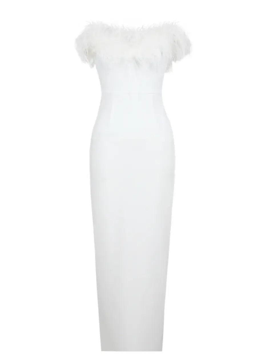 Celine | Feather Trim Evening Maxi Dress