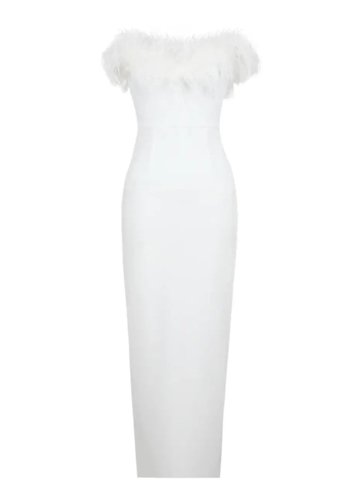 Celine | Feather Trim Evening Maxi Dress