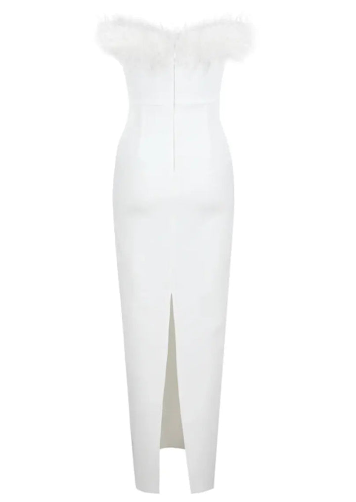 Celine | Feather Trim Evening Maxi Dress