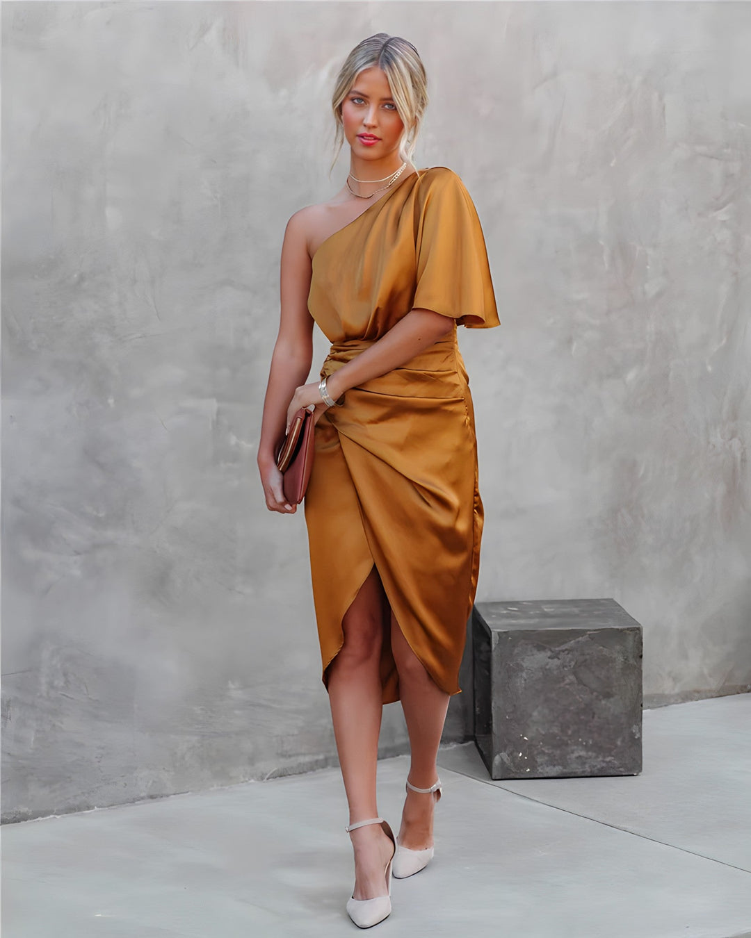 Selena | Wedding Guest Satin One Shoulder Midi Dress