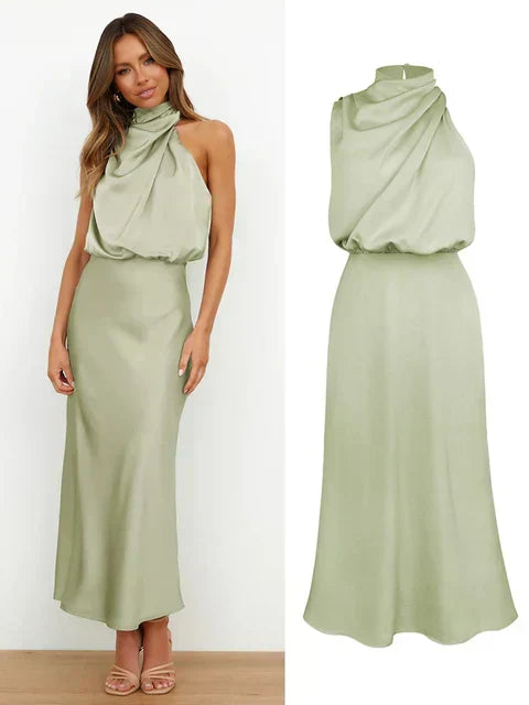 Alessia | Wedding Guest Satin Halter Midi Dress