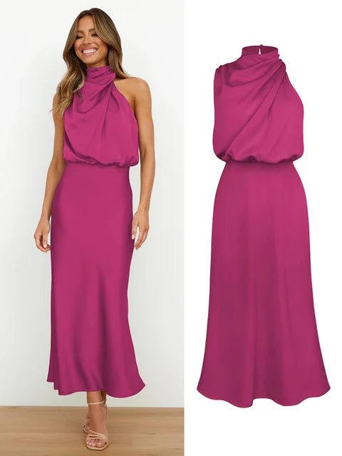Alessia | Wedding Guest Satin Halter Midi Dress