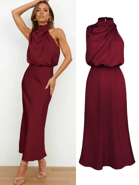 Alessia | Wedding Guest Satin Halter Midi Dress