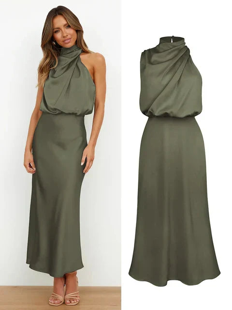 Alessia | Wedding Guest Satin Halter Midi Dress