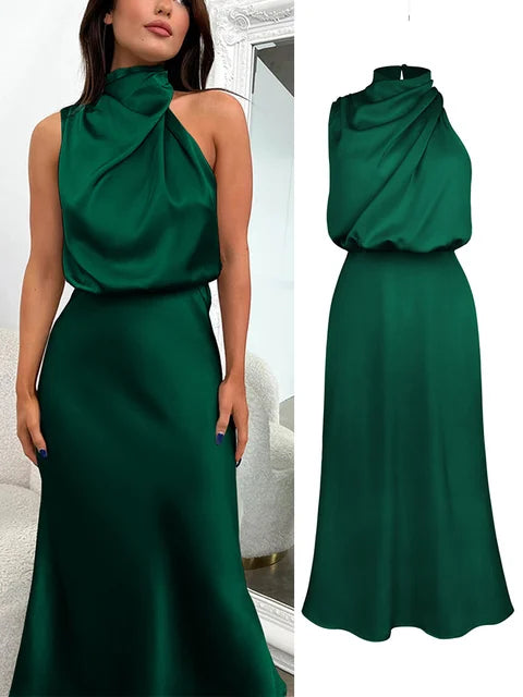 Alessia | Wedding Guest Satin Halter Midi Dress