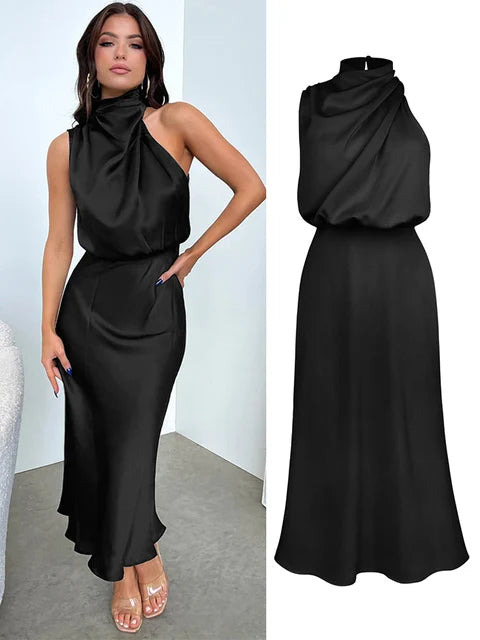 Alessia | Wedding Guest Satin Halter Midi Dress