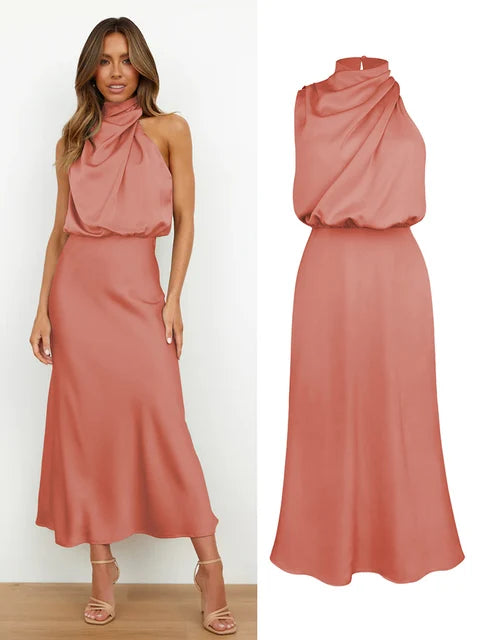 Alessia | Wedding Guest Satin Halter Midi Dress