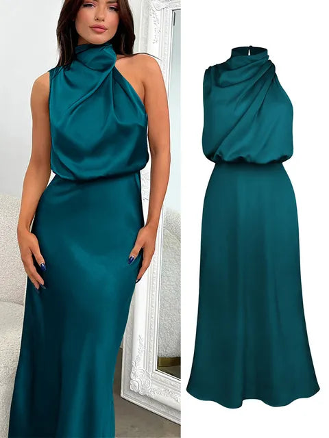 Alessia | Wedding Guest Satin Halter Midi Dress