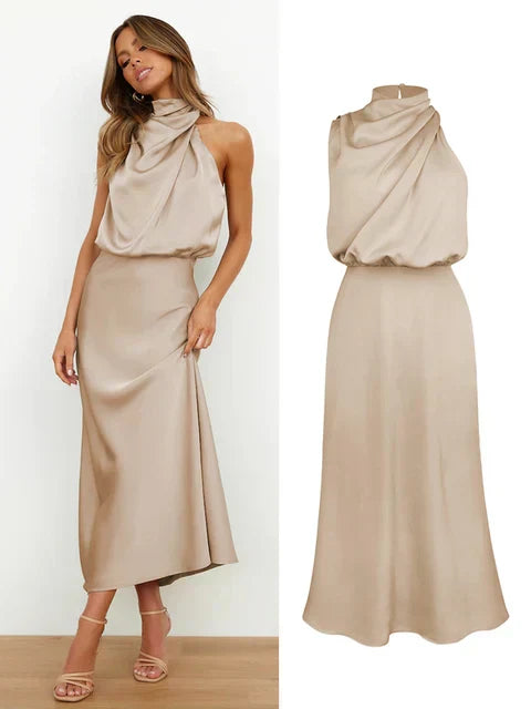 Alessia | Wedding Guest Satin Halter Midi Dress