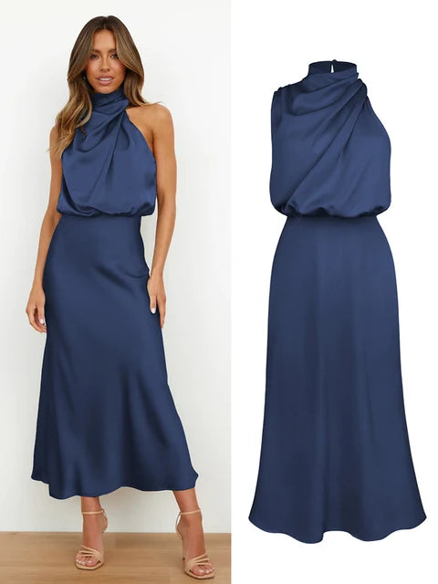 Alessia | Wedding Guest Satin Halter Midi Dress