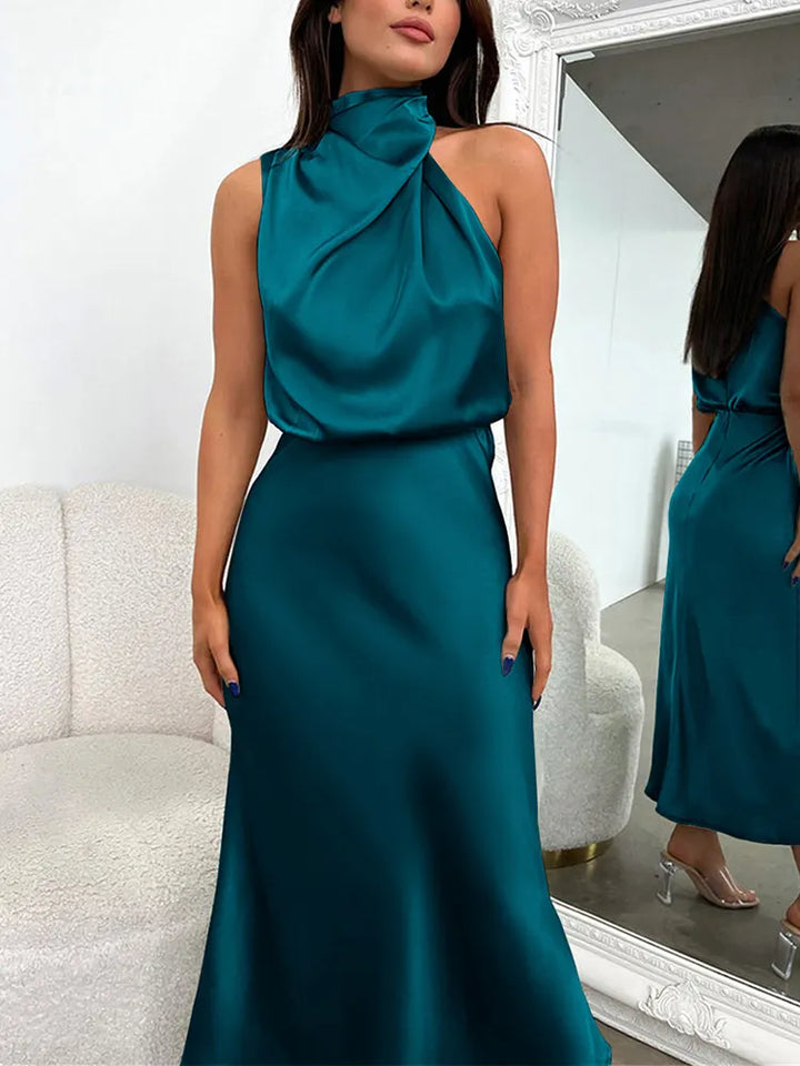 Alessia | Wedding Guest Satin Halter Midi Dress