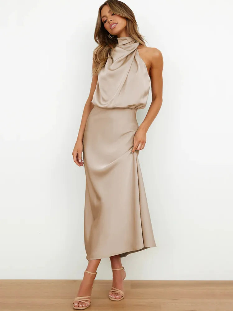 Alessia | Wedding Guest Satin Halter Midi Dress