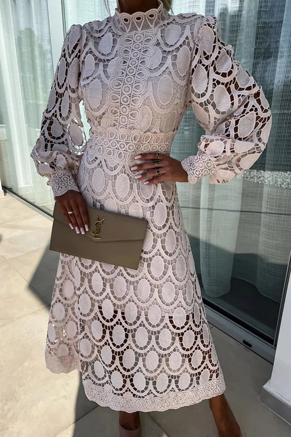Olivia | Wedding Guest Crochet Long Sleeve Midi Dress