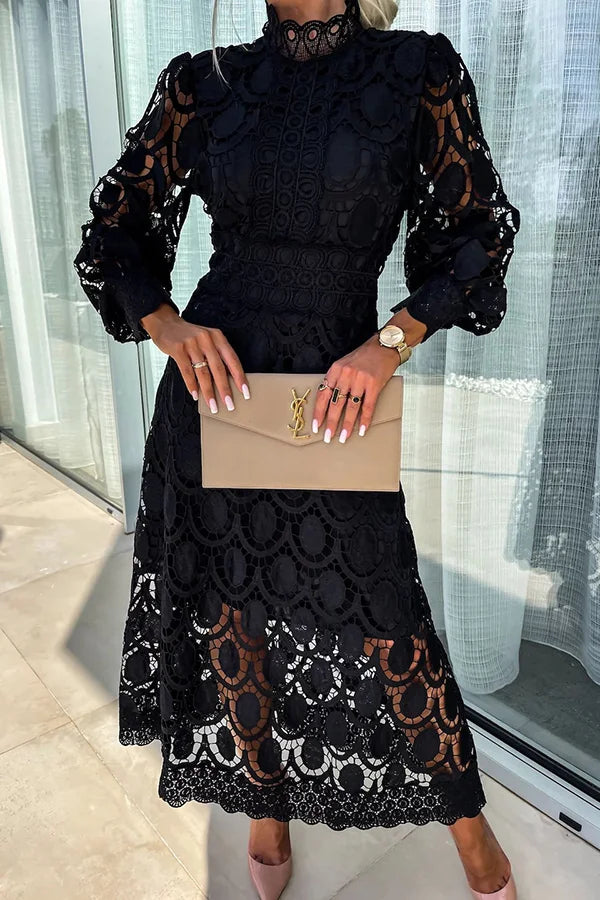Olivia | Wedding Guest Crochet Long Sleeve Midi Dress