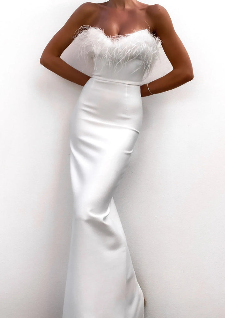 Celine | Feather Trim Evening Maxi Dress