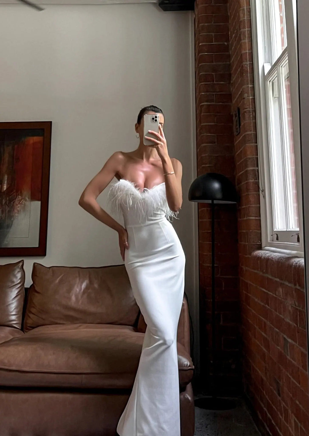 Celine | Feather Trim Evening Maxi Dress