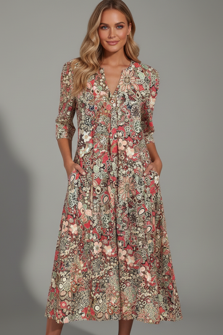 Amelia | Wedding Guest Printed V Neck Midi Dress