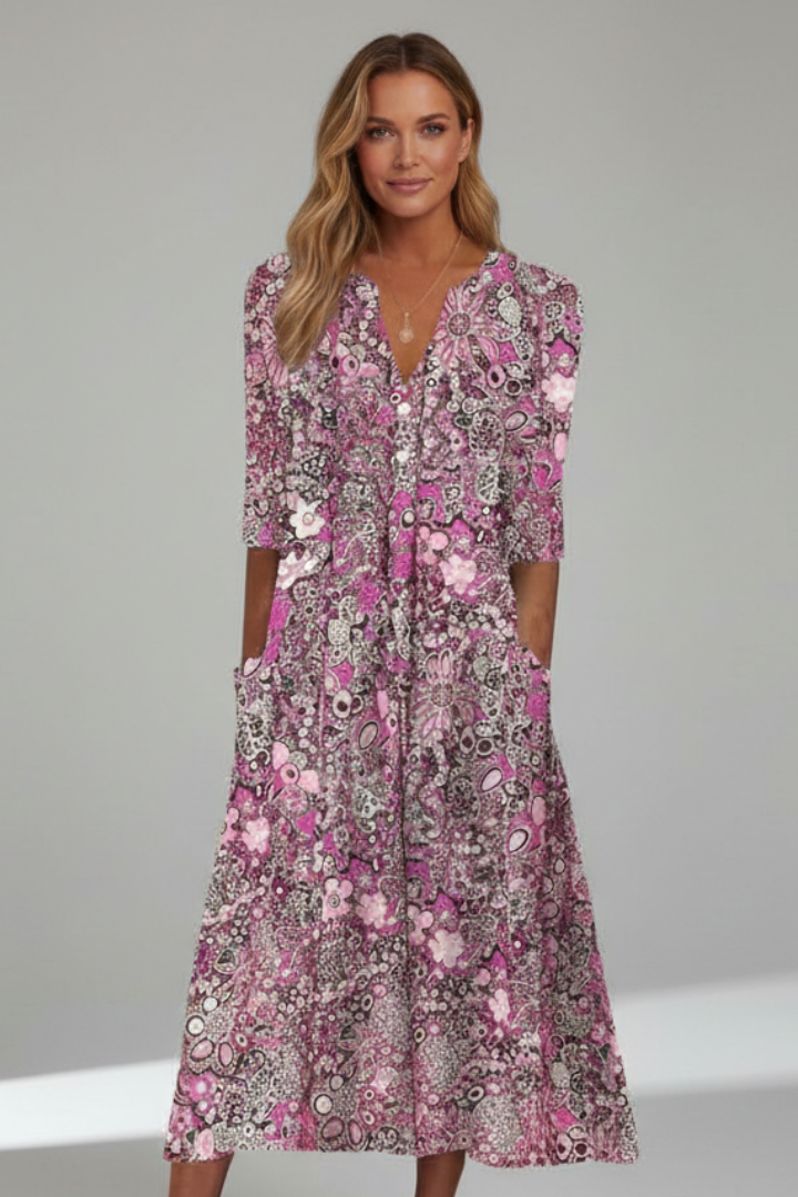 Amelia | Wedding Guest Printed V Neck Midi Dress