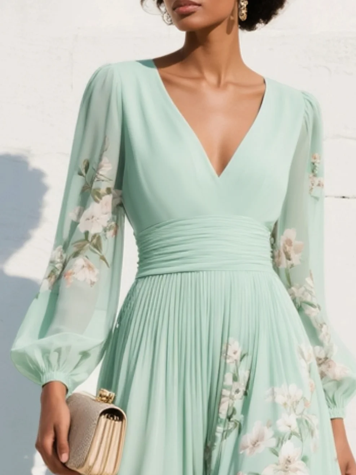 Sophia | Floral V Neck Chiffon Midi Dress
