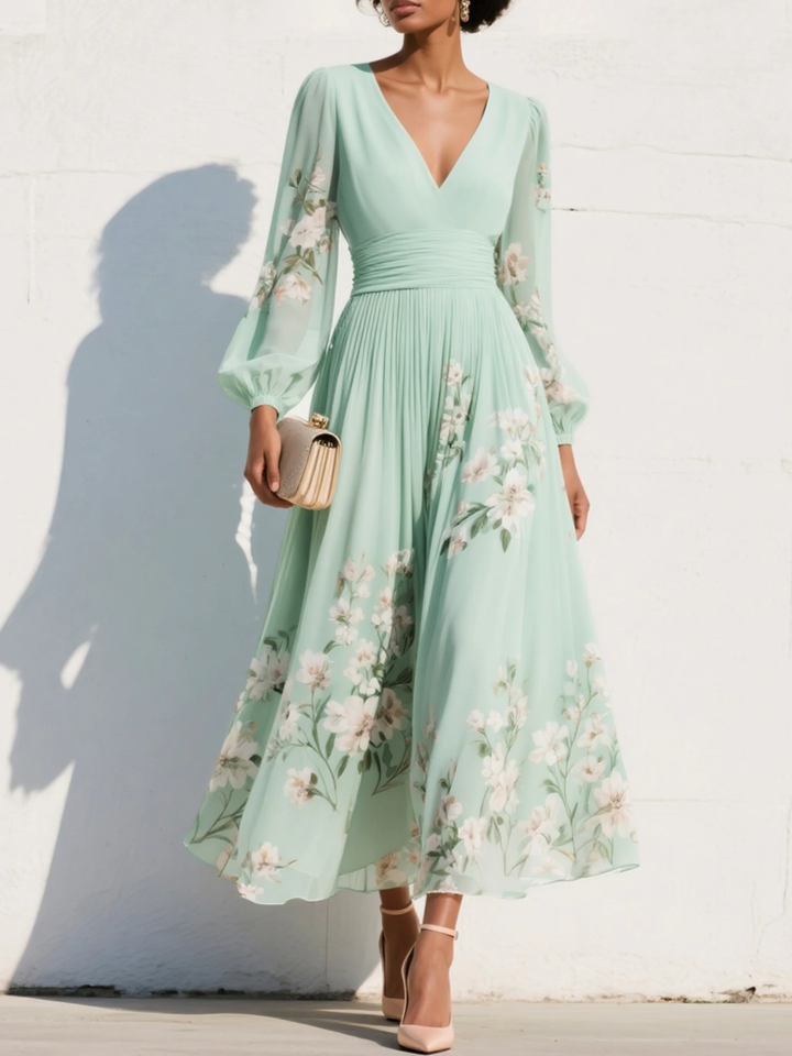 Sophia | Floral V Neck Chiffon Midi Dress