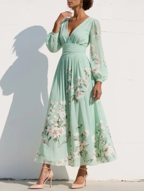 Sophia | Floral V Neck Chiffon Midi Dress