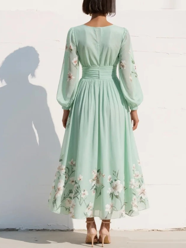 Sophia | Floral V Neck Chiffon Midi Dress