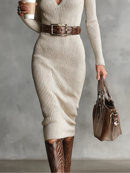 Jessica | Ribbed Knit V Neck Midi Dress