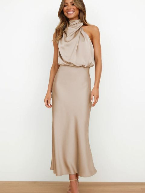 Olivia | Wedding Guest Satin Halter Midi Dress