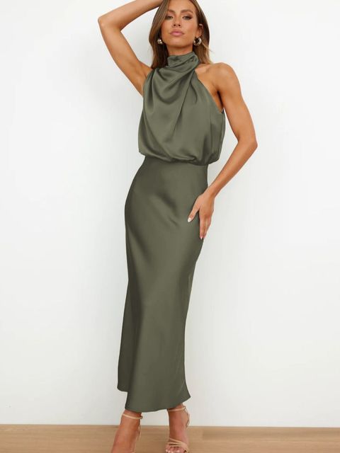 Olivia | Wedding Guest Satin Halter Midi Dress