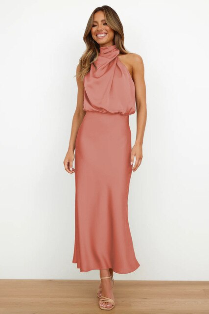 Olivia | Wedding Guest Satin Halter Midi Dress