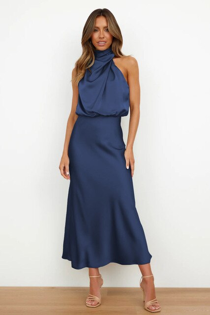 Olivia | Wedding Guest Satin Halter Midi Dress