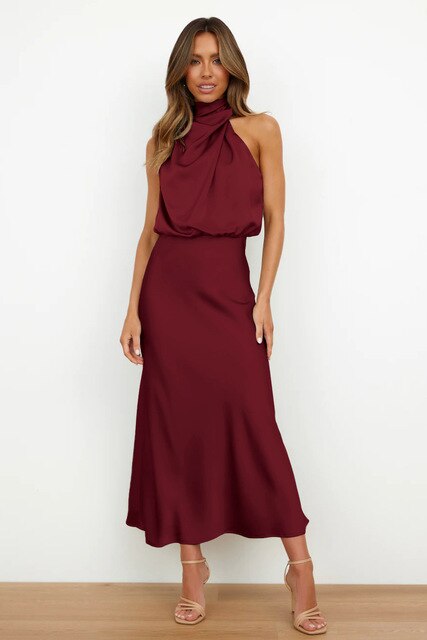 Olivia | Wedding Guest Satin Halter Midi Dress