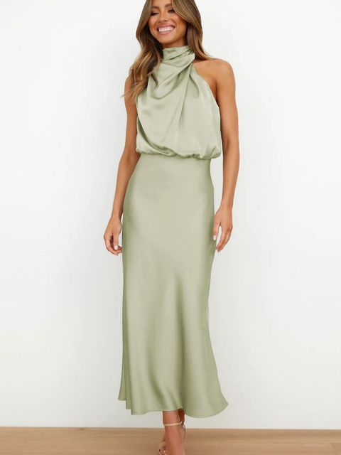 Olivia | Wedding Guest Satin Halter Midi Dress