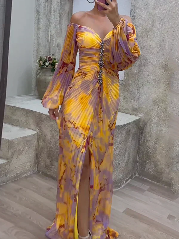 Leona | Wedding Guest Pleated Off Shoulder Maxi Dress