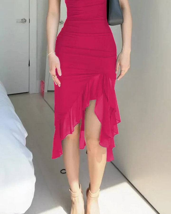 Serena | Wedding Guest Ruched Ruffle Hem Midi Dress