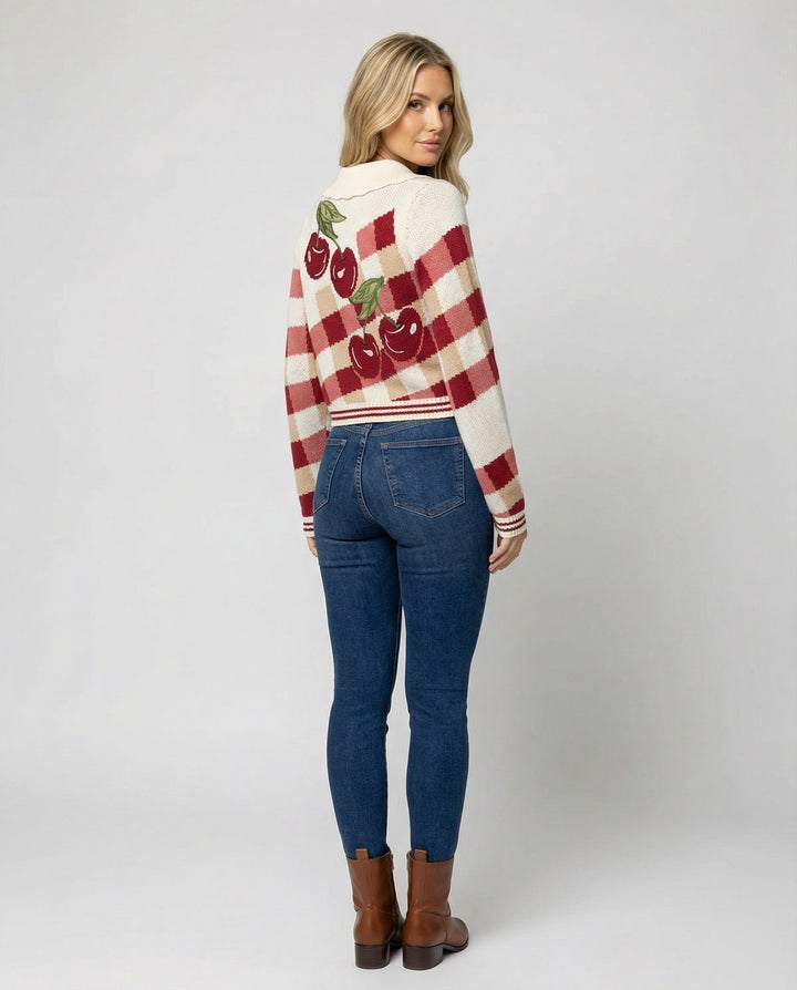 Celeste | Cherry Print Check Knit Cardigan