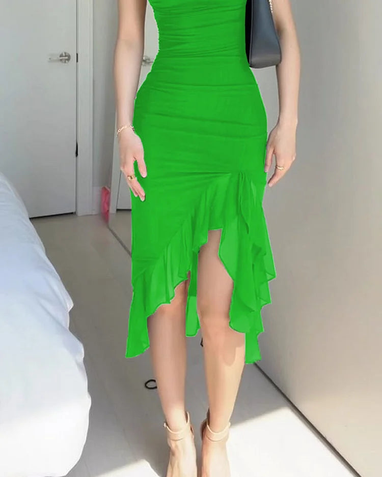 Serena | Wedding Guest Ruched Ruffle Hem Midi Dress