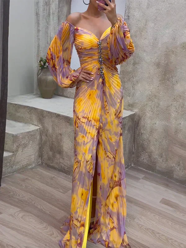 Leona | Wedding Guest Pleated Off Shoulder Maxi Dress