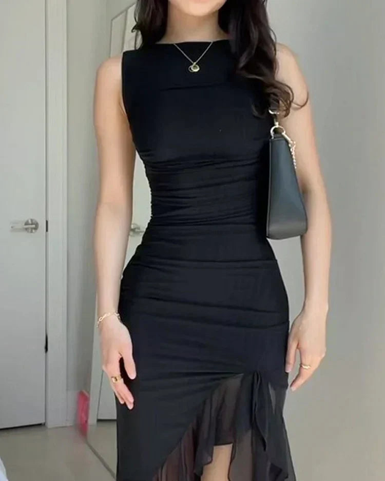 Serena | Wedding Guest Ruched Ruffle Hem Midi Dress