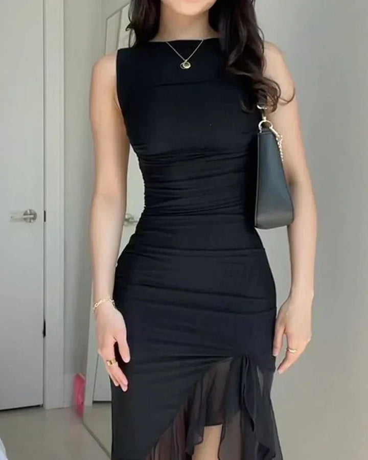 Serena | Wedding Guest Ruched Ruffle Hem Midi Dress