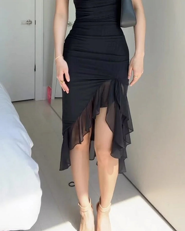 Serena | Wedding Guest Ruched Ruffle Hem Midi Dress