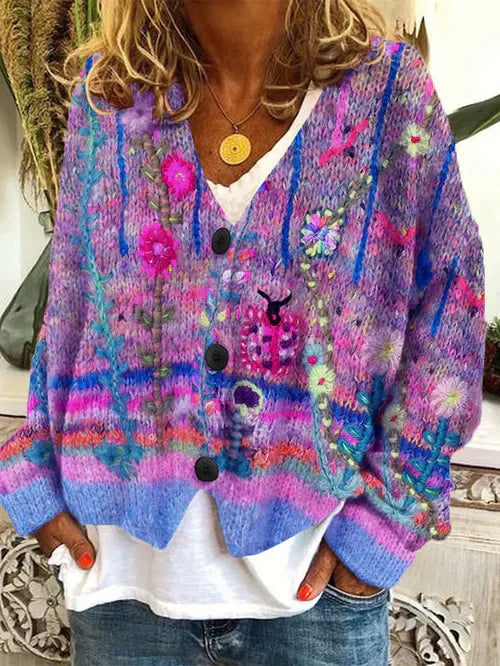Rosalie | Floral Patchwork V-Neck Knit Cardigan