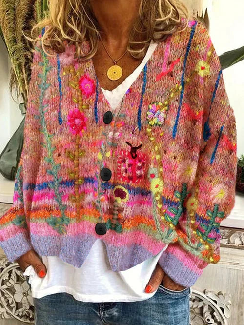 Rosalie | Floral Patchwork V-Neck Knit Cardigan