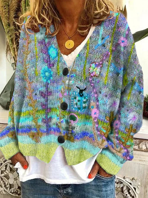 Rosalie | Floral Patchwork V-Neck Knit Cardigan