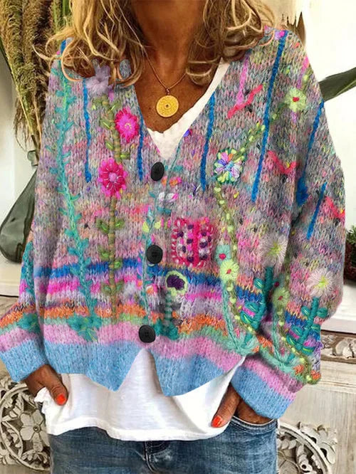 Rosalie | Floral Patchwork V-Neck Knit Cardigan