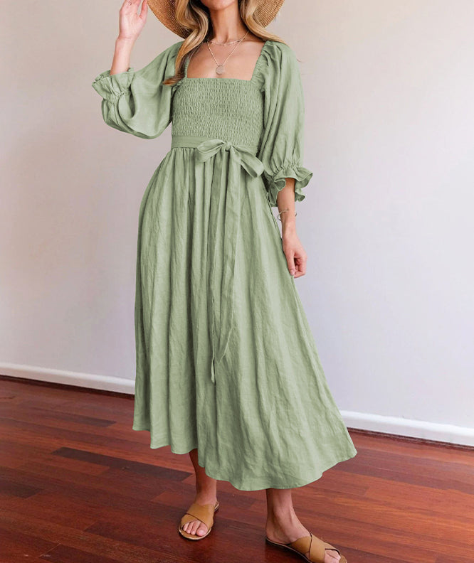 Emma | Boho Tie Waist Square Neck Maxi Dress