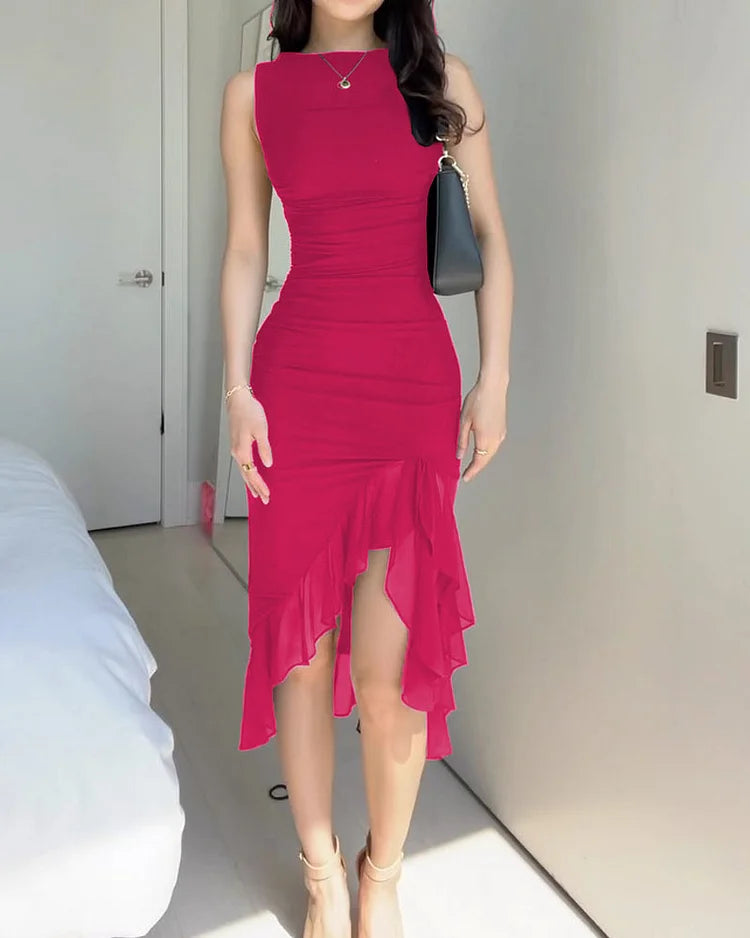 Serena | Wedding Guest Ruched Ruffle Hem Midi Dress