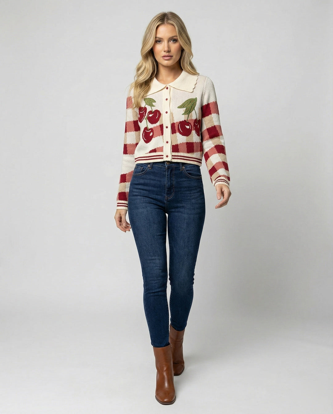Celeste | Cherry Print Check Knit Cardigan