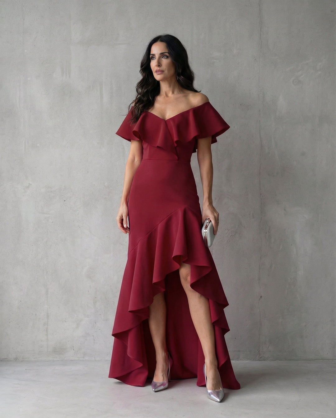 Sophia | Wedding Guest Off Shoulder Ruffle Maxi Dress